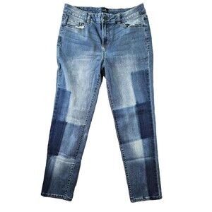 Dressbarn Slim Taper Patch Fade Mid Rise Denim Blue Jeans 8
